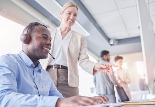 Preview: Manager woman, call center and computer desk for support, advice or help with telemarketing sales.