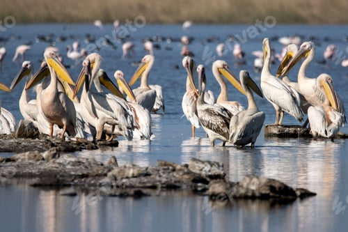 Preview: Flock of Pelicans gathered together in a shallow body of water
