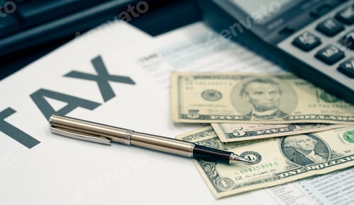 Preview: Tax season concept. Tax planning and consulting service business. Pen, calculator, dollar banknote