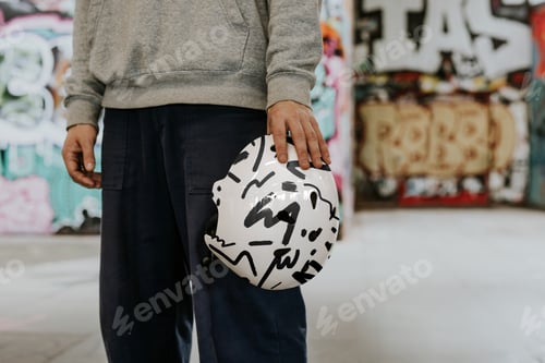 Preview: Skater holding patterned white helmet, sports safety equipment
