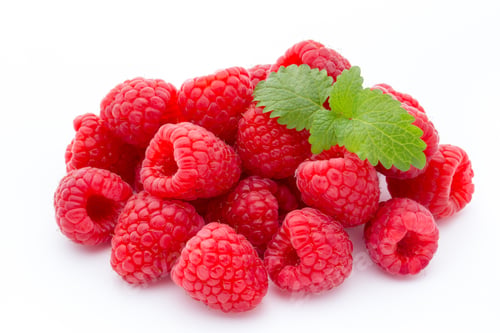 Preview: Ripe red raspberries isolated on white background.