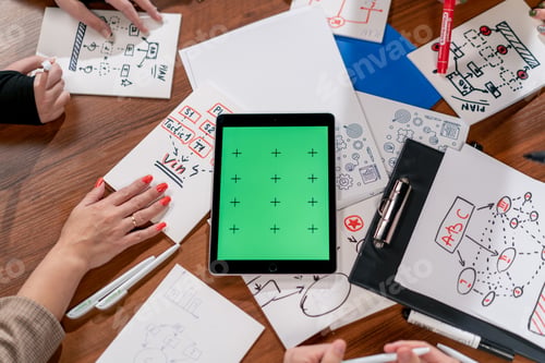 Preview: close-up of many diagrams and business plans written on sheets of tablets with a green screen