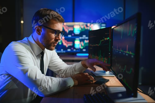 Preview: Crypto trader investor analyst looking at computer screen analyzing financial