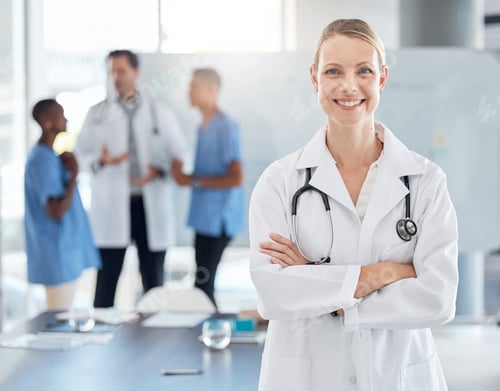 Preview: Portrait doctor, woman surgeon and happy medical manager in surgery, healthcare clinic and and hosp