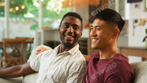 Preview: Same Sex Male Couple or Friends Laughing Together in Cozy Living Room During Afternoon