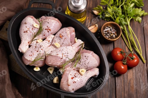 Preview: Raw Chicken with Seasoning and Tomatoes on Wood
