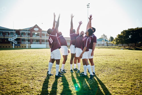 Preview: Man, sports and team in celebration for success, winning or victory in collaboration together on gr
