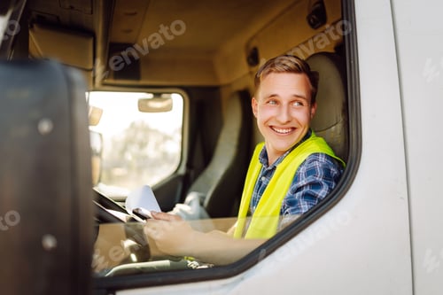 Preview: Truck driver job. Logistics - proud driver or forwarder on truck and trailer, on transshipment point