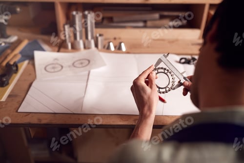 Preview: Close Up Of Designer In Workshop Looking At Components For Hand Built Bamboo Bicycle Frame