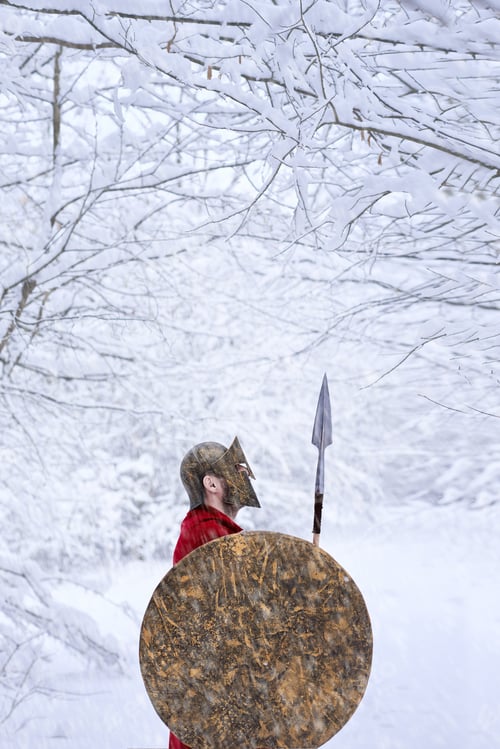 Preview: Spartan warrior stands in snowy forest