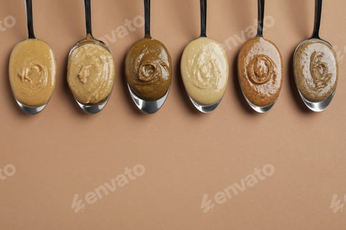 Preview: Tasty nut butters in spoons on light brown table, flat lay. Space for text