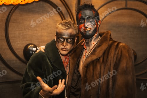Preview: Friends in costumes at the halloween party with friends in a disco nightclub
