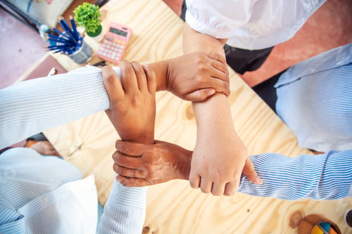 Preview: Diversity multiethnic high five group of business people success team hands together