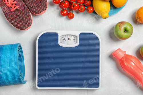 Preview: Flat lay composition with scales, healthy food and sport equipment on light background. Weight loss