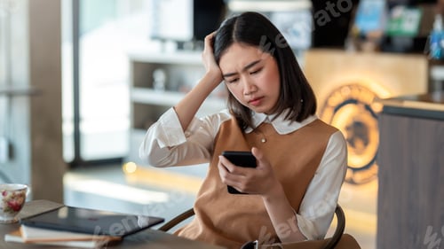 Preview: Young Asian businesswoman think and using a smartphone at the office.