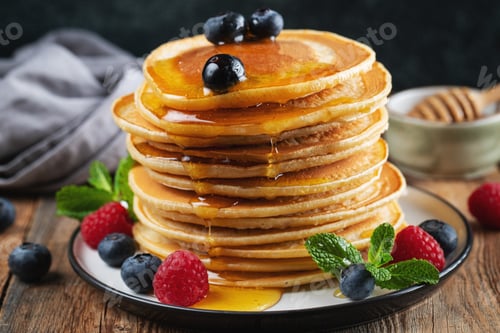 Preview: Delicious pancakes, with fresh blueberries, raspberry and maple syrup or honey on a dark background