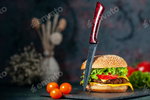 Preview: front view delicious meat hamburger with red tomatoes on dark background color meal fast-food kfc