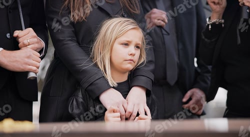 Preview: Child, sad and family at funeral at graveyard ceremony outdoor at burial place. Death, grief and gr