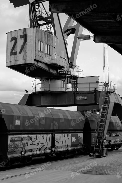 Preview: Vertical shot of the base of a construction crane in black and white
