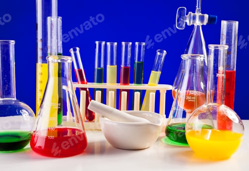 Preview: Lab set for chemistry with colored liquids in them