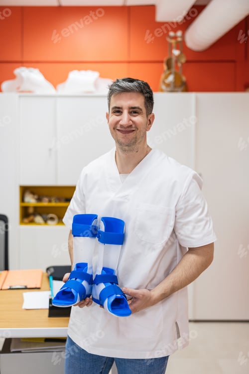 Preview: Orthopedic doctor holding foot ankle orthotics in clinic