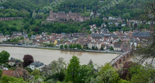 Preview: Germany, aerial view of Heidelberg traditional city next to Neckar river and Old Bridge.