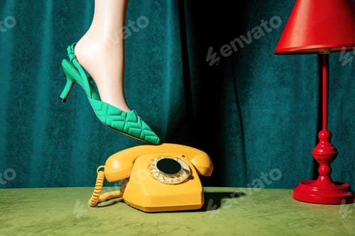 Preview: Female foot in vintage red heel stands on green table next to retro dial phone and curtains