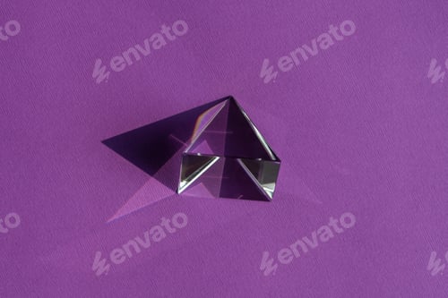 Preview: Crystal prism refracting light, magic crystals and pyramid, sphere and cube on purple background