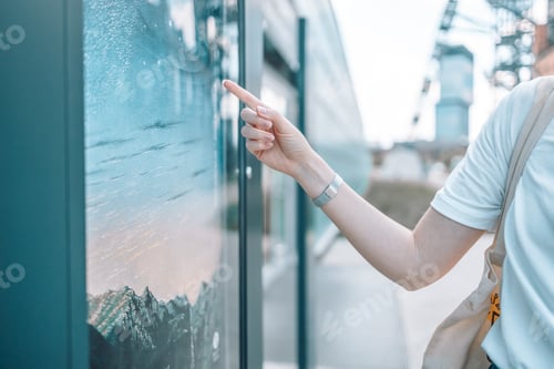 Preview: tourist woman stands on city street near information screen on bus stop and chooses route of trip