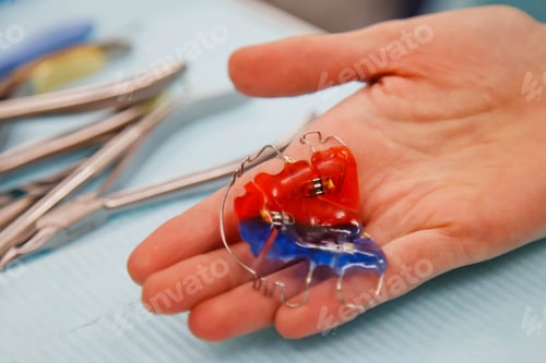 Preview: Removable clasp prosthesis in dentist's hand over medical table