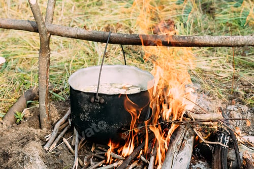 Preview: Old Camp Saucepan Boiled Water For Soup Preparation On A Fire In