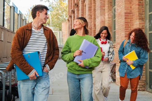 Preview: On foreground a couple of teenage students walking and having a friendly conversation at university