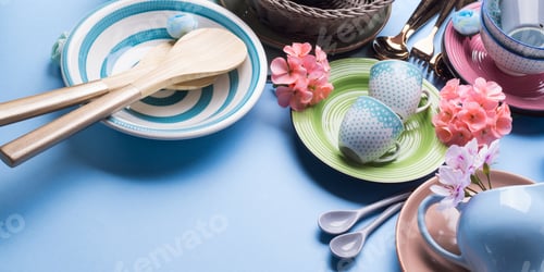 Preview: Tableware dish set on blue pastel background