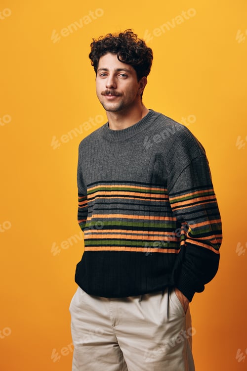 Preview: Smile man sweater hair happy looking portrait trendy orange model style lifestyle background student