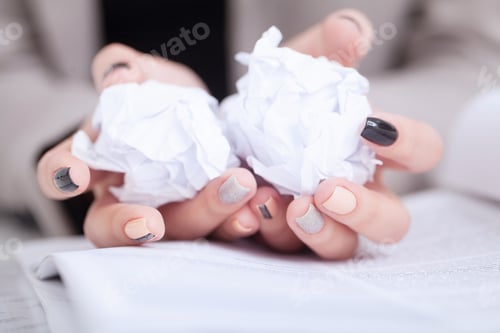 Preview: Stressed businessman with head in hands at office, Business failure concept