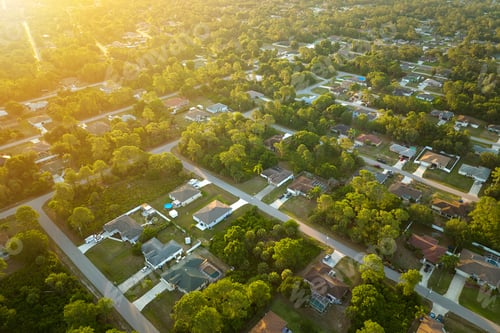 Preview: Aerial landscape view of suburban private houses between green palm trees in Florida