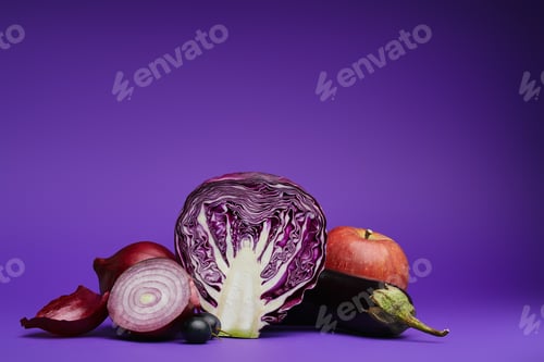Preview: close-up view of sliced cabbage, onions, grapes, eggplant and apple on purple
