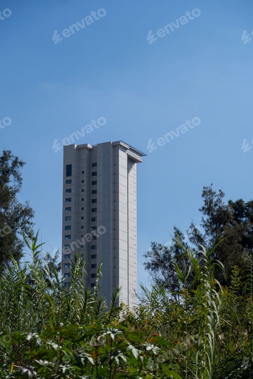 Preview: Tall architectural structure towering above a lush setting of trees
