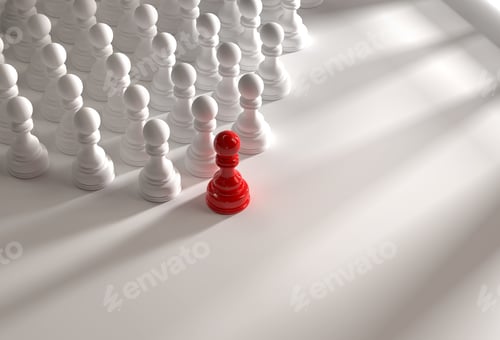 Preview: Red chess pawn among white pawns . Leadership concept. 3d rendering