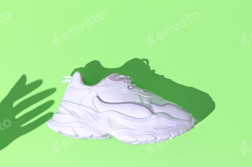 Preview: Minimal still life art. Fashion sport shoes concept. Mint colours trends. Stylish white sneakers