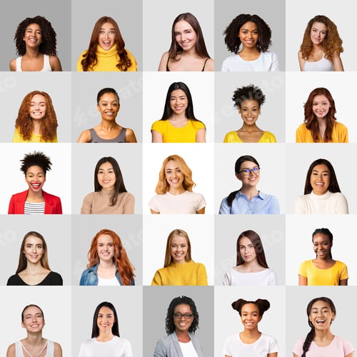 Preview: Happy Female Portraits Collage Over White And Gray Backgrounds