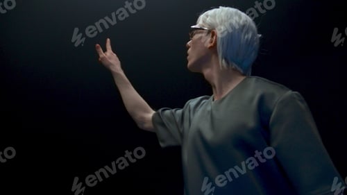 Preview: Augmented reality man playing metaverse simulation in futuristic glasses closeup