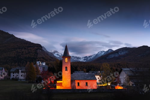 Preview: Old church in Sils village in Swiss Alps