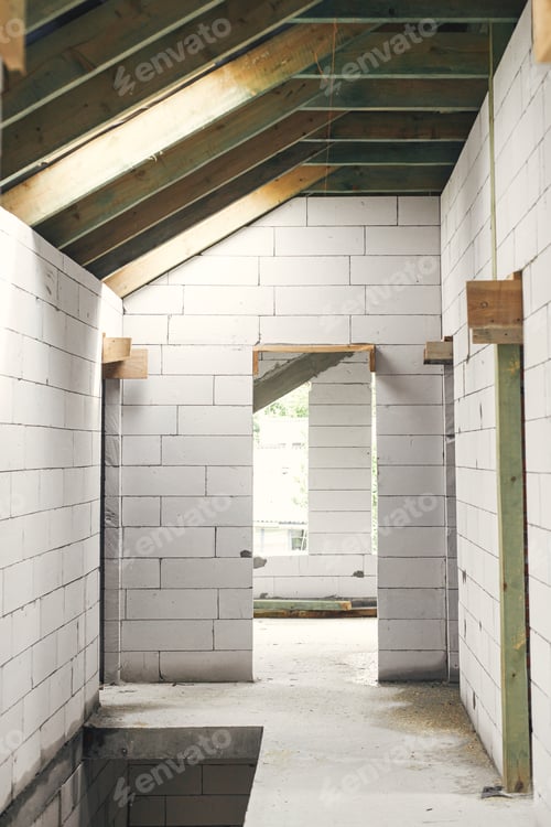 Preview: Unfinished attic wooden roof framing with vapor barrier, dormer and windows. New house constructio