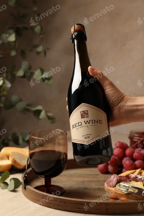 Preview: Woman holding bottle of red wine over table with different snacks, closeup