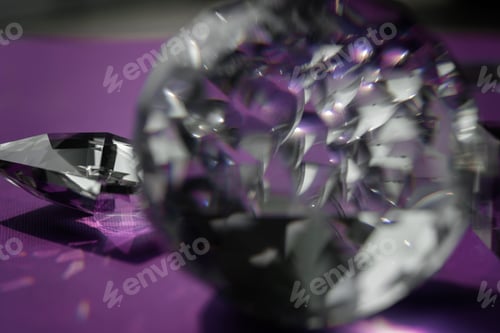 Preview: Crystal prism refracting light, magic crystals and pyramid, sphere and cube on purple background
