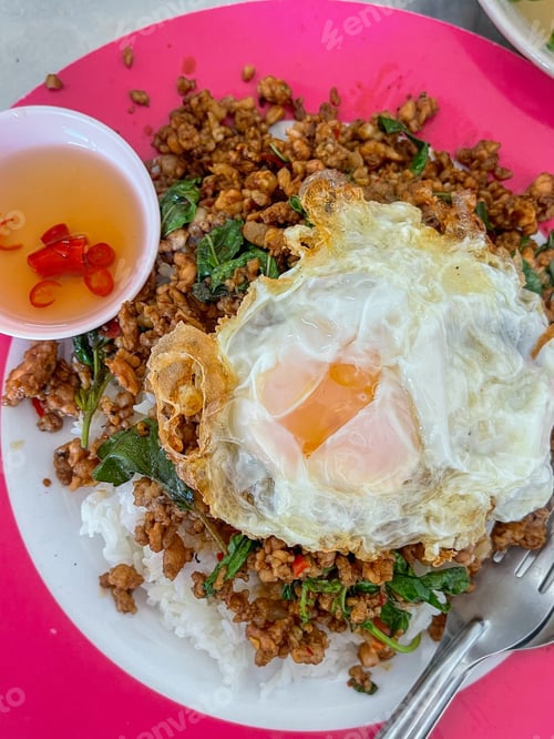 Preview: Rice topped with stir-fried pork and basil, Rice topped with stir fried minced pork and basil