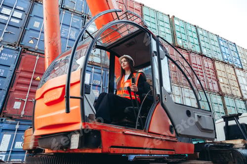 Preview: Caucasian woman in cabin wearing hard hat working as operator of loader crane machine