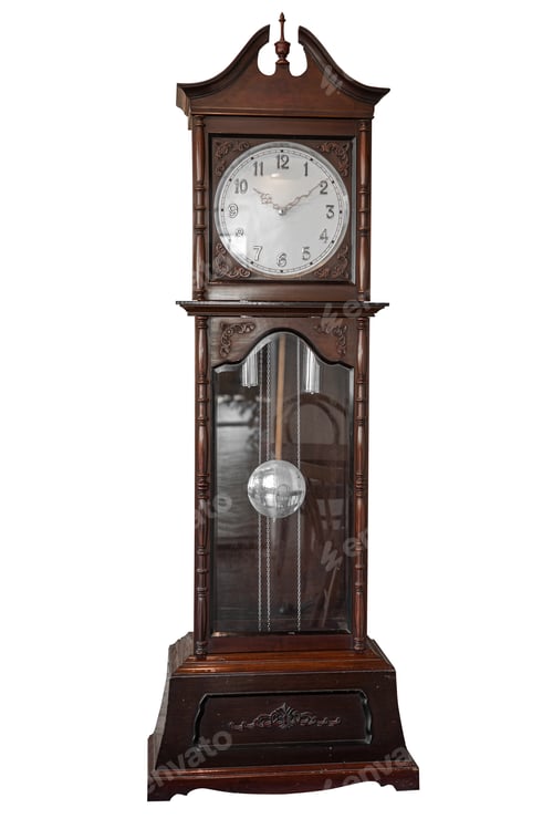 Preview: Grandfather Clock. old wooden tall large home clock vintage style isolated on white background.