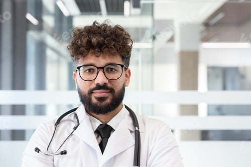Preview: Young male doctor in glasses standing at hospital